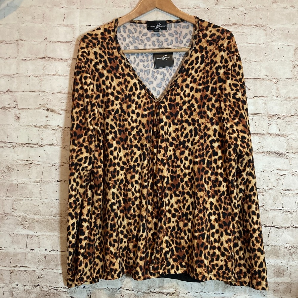 Lexington Avenue Top Womens 3X Brown Animal Print Layered Plus Stretch V Neck